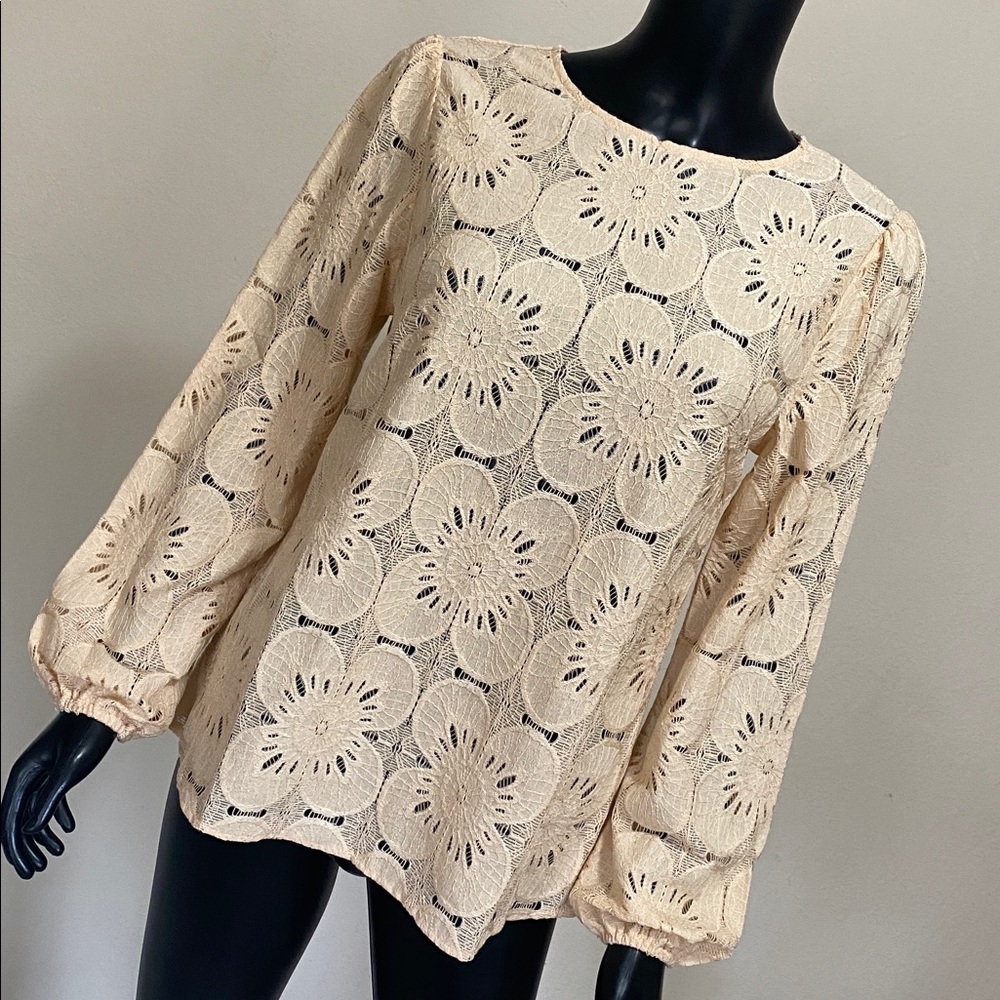 OFEEFAN Neutral Beige Lace Floral Blouse - Long Sleeve